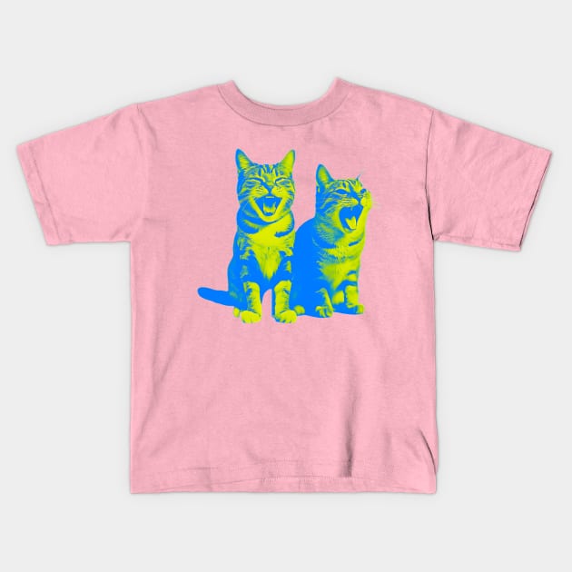 Laughing Cats - duotone blue and yellow Kids T-Shirt by Ravenglow